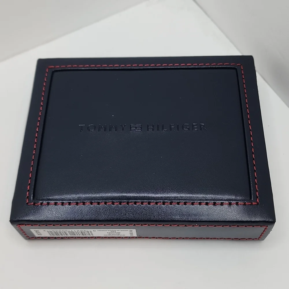 TOMMY HILFIGER, MENS WALLET DOUBLE FOLD, DARK BROWN,GENUINE LEATHER, BROWN COLOR